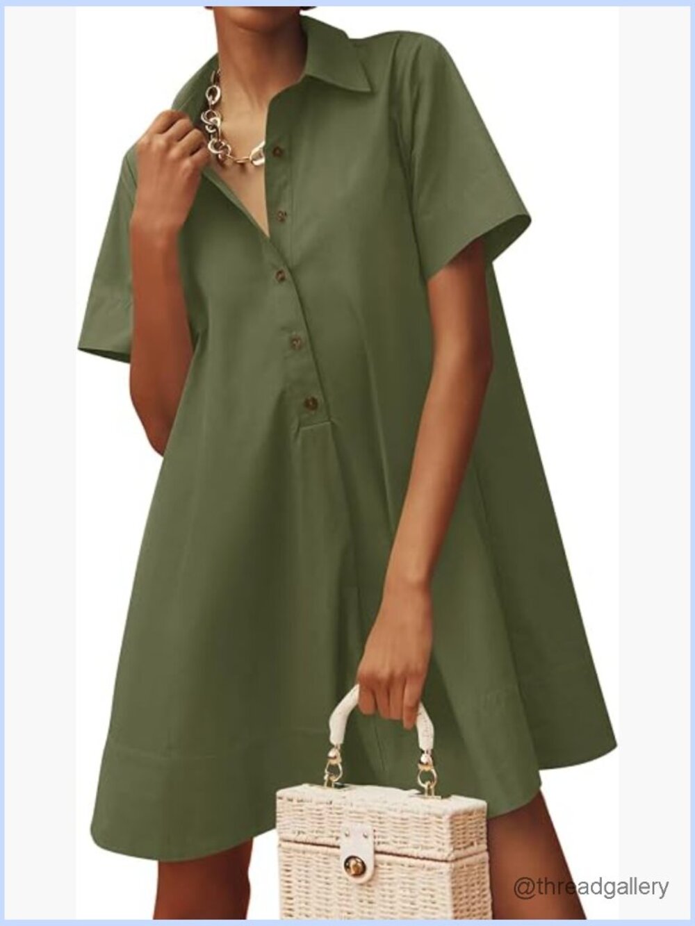 Oversized Button Mini Dress Short Sleeve Collared V Neck Summer Flowy Dress